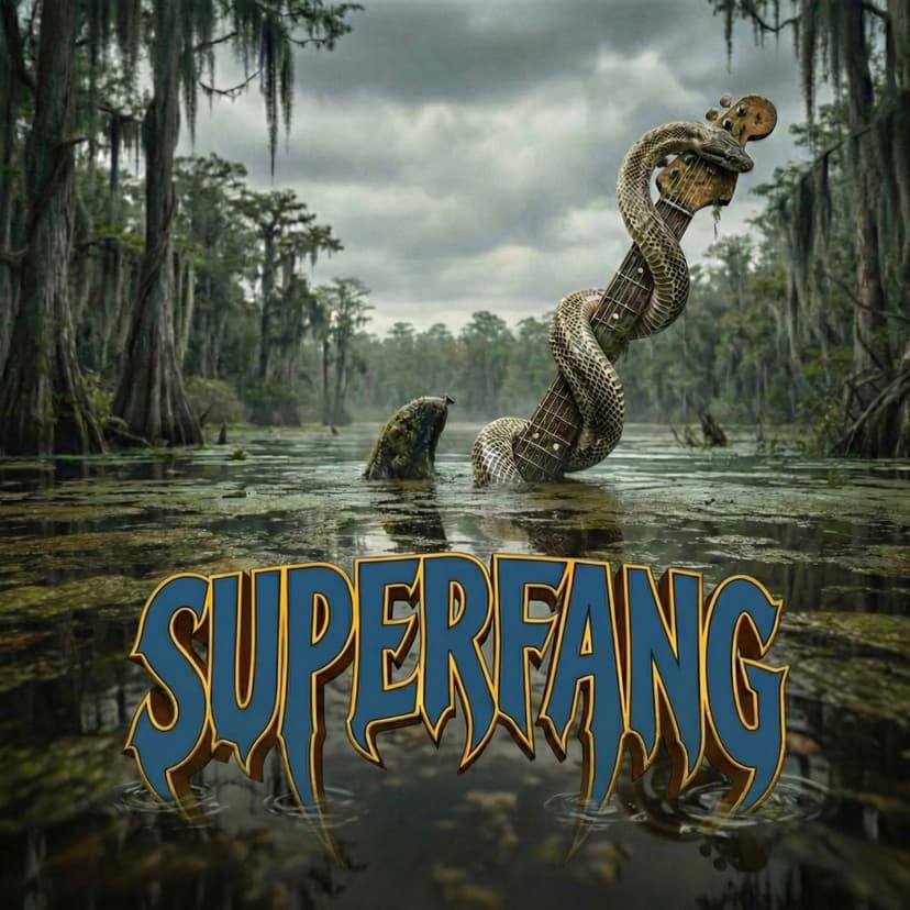 Superfang upcoming LP — swamp scene with snake coiled around electric guitar